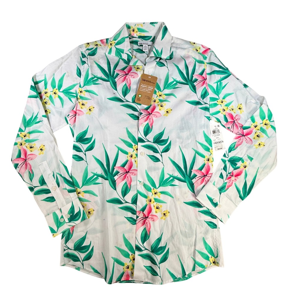 Bar III Women Shirt Tropical Floral Slim Fit Stretch Small White Organic Cotton